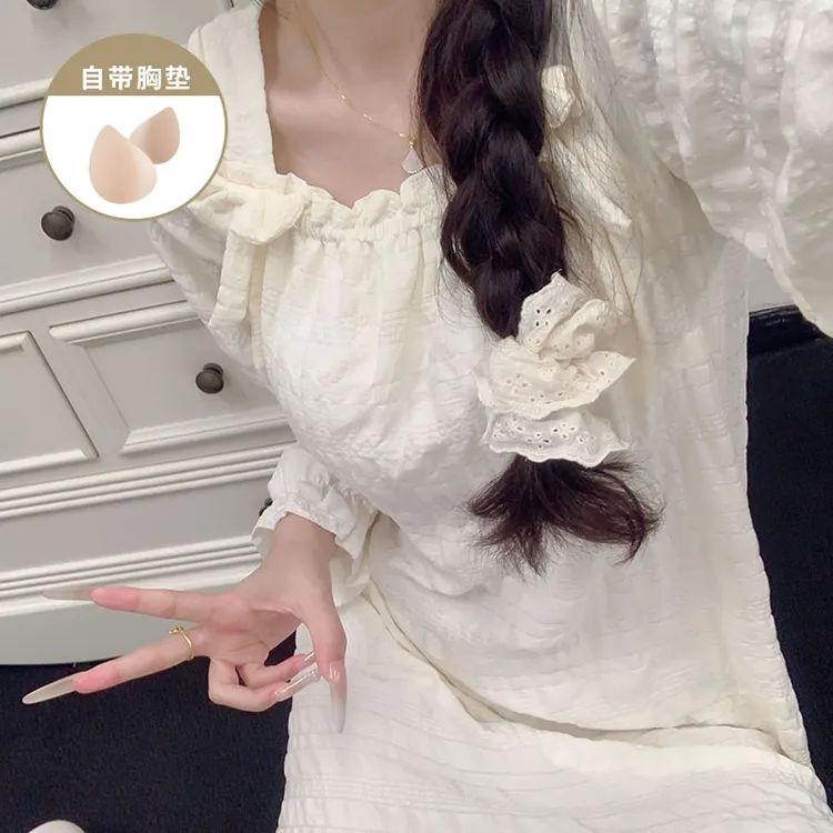 甜美公主风带胸垫长袖睡裙女款春秋季爆款女士睡衣裙家居服可外穿