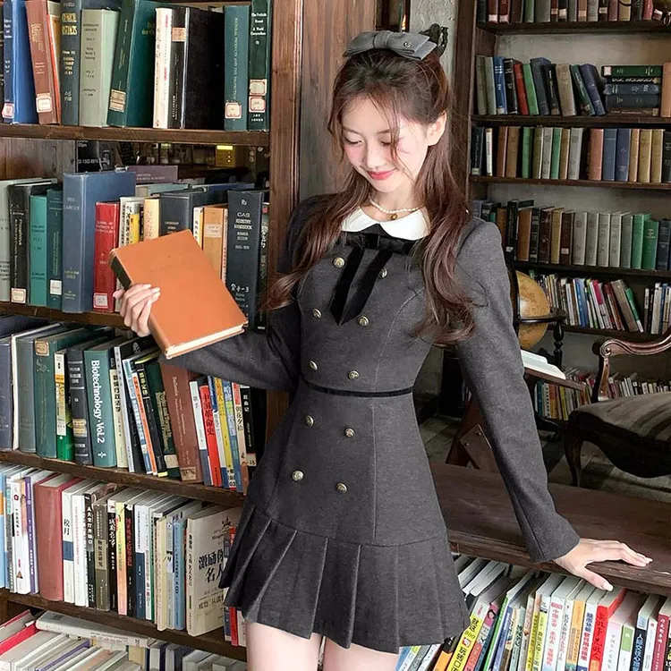 英伦连衣裙秋冬学院风千金感穿搭灰色百褶裙LJ0227