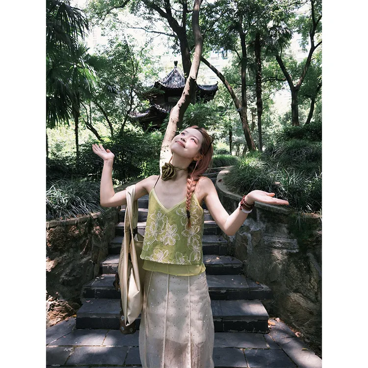 清冷系禅意衣服女春夏气质百搭绿色印花背心吊带高腰显瘦半身裙子
