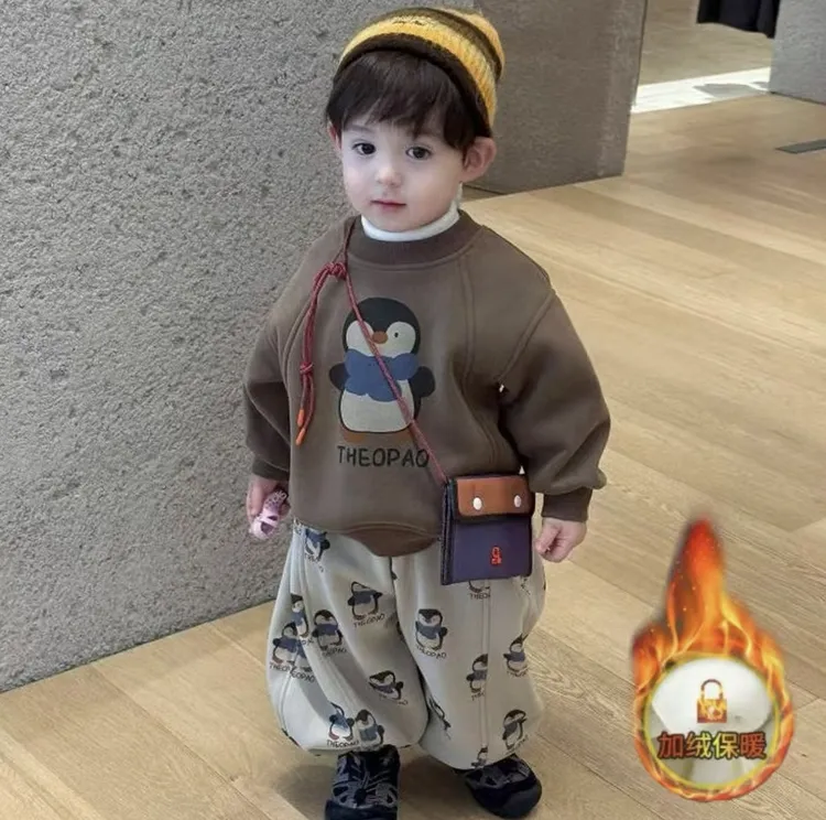 2025秋冬季卫衣韩版休闲可爱企鹅卫衣卫裤休闲束腿裤保暖加厚套装