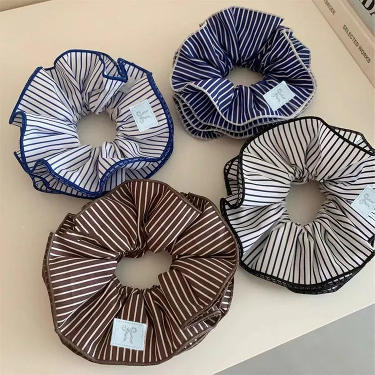 博主同款重工双层小清新蓝色条纹布艺大肠发圈气质低马尾皮筋发绳