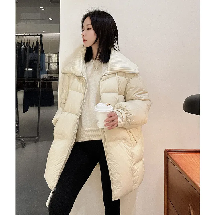 欧洲站2025冬季新款 设计师款小众百搭显瘦针织大翻领羽绒服外套