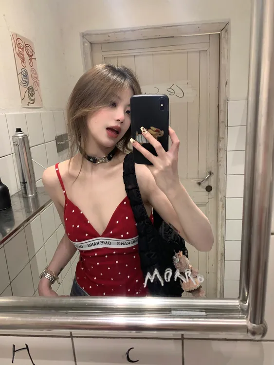 2025夏季新款纯欲辣妹波点印花V领吊带背心复古高腰直筒阔腿长裤