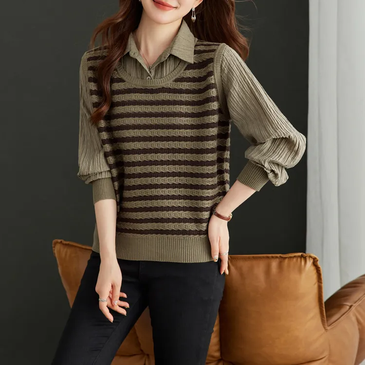 2025春秋新款时尚洋气薄款设计感减龄假两件条纹翻领长袖针织衫女