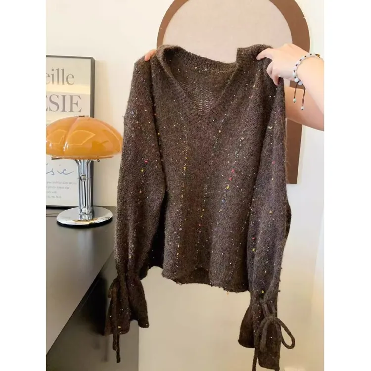 喇叭袖复古v领套头长袖宽松外穿毛衣女慵懒高级感加厚针织衫上衣