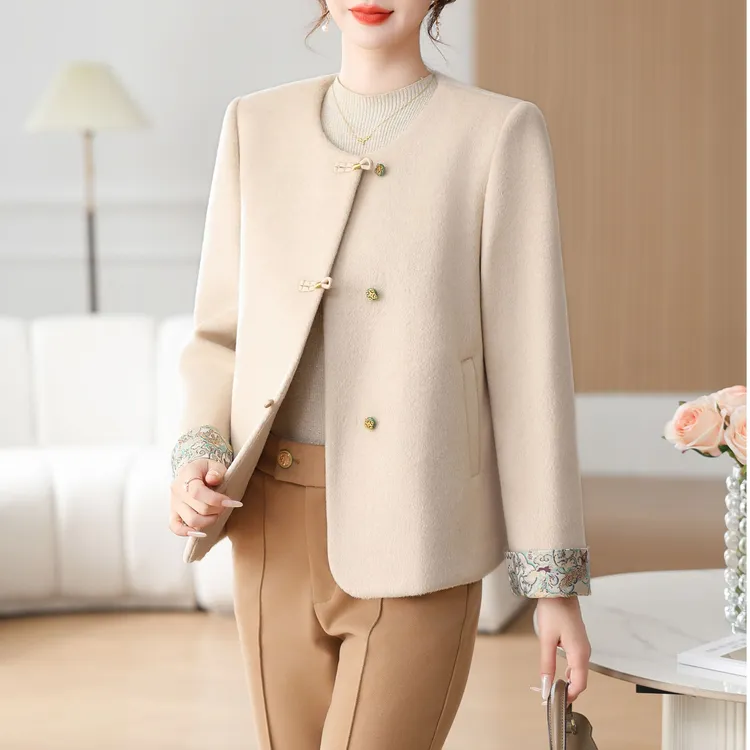 Y1073新中式手工盘扣短款毛呢外套2025年春秋小个子小香风时尚