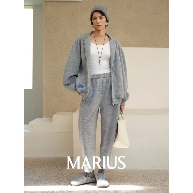 MARIUS | "香蕉套"混纺简约佰搭连帽开衫/微弯刀八分奶奶裤