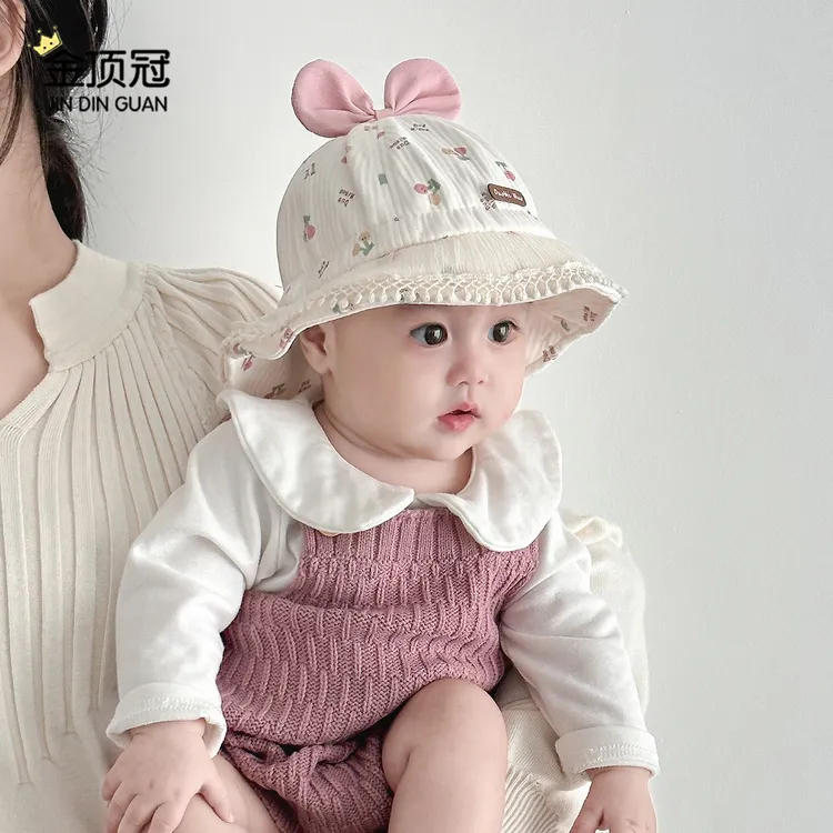 婴儿帽子秋冬新款遮阳可爱透气小樱桃渔夫帽女宝宝公主帽太阳帽