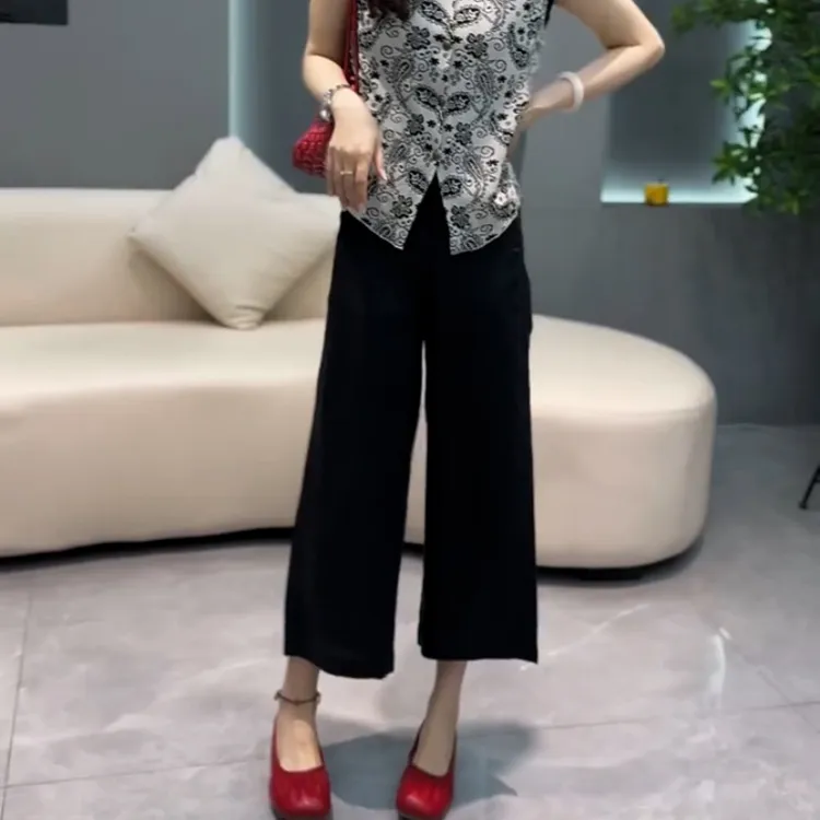 黑色亚麻阔腿休闲裤女夏季薄款大码高腰垂感慵懒风宽松显瘦直筒裤