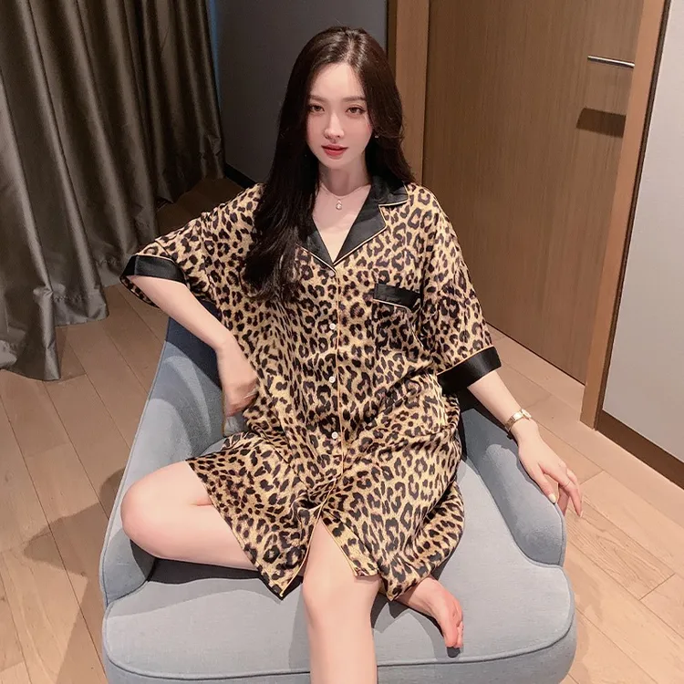 仿真丝睡衣女士夏季豹纹性感短袖睡裙新款衬衫高级感家居服