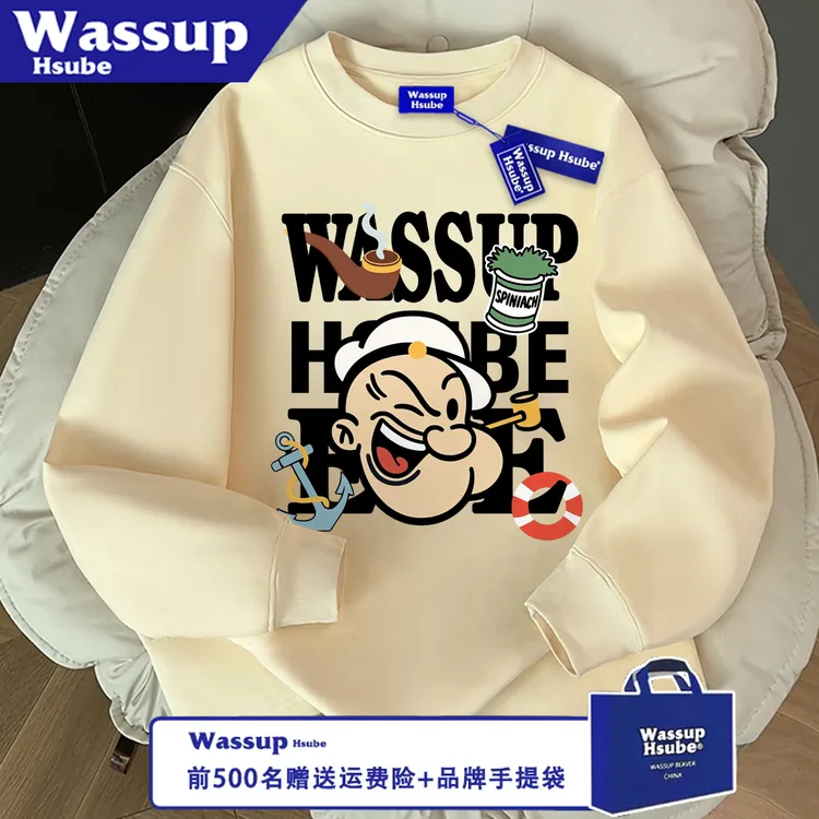 WASSUP HSUBE潮流长袖秋冬字母痞帅宽松日常卡通水手印花情侣上衣