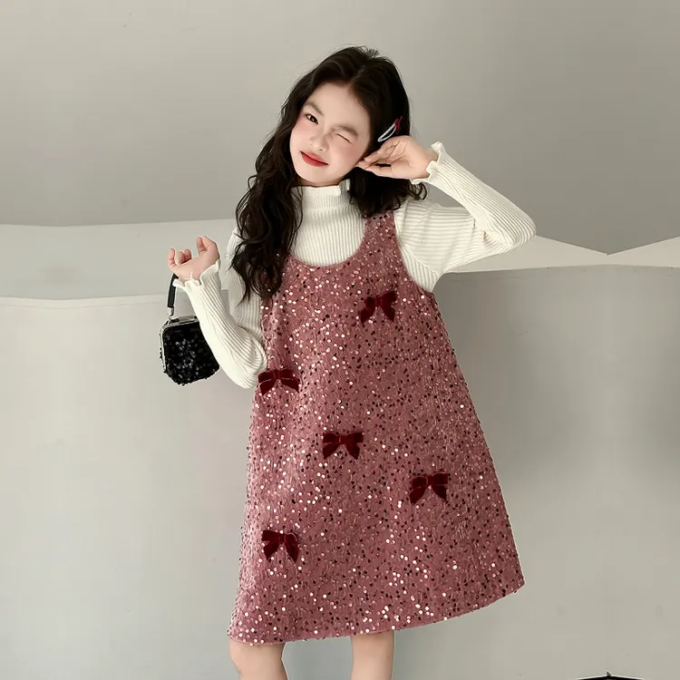 女童蝴蝶结亮片背心裙秋冬2025新款洋气儿童高级感新年拜年服套装