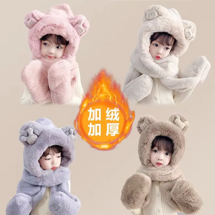 新款韩式毛绒手套围巾一体帽亲子加绒加厚护耳帽毛绒休闲可爱百搭