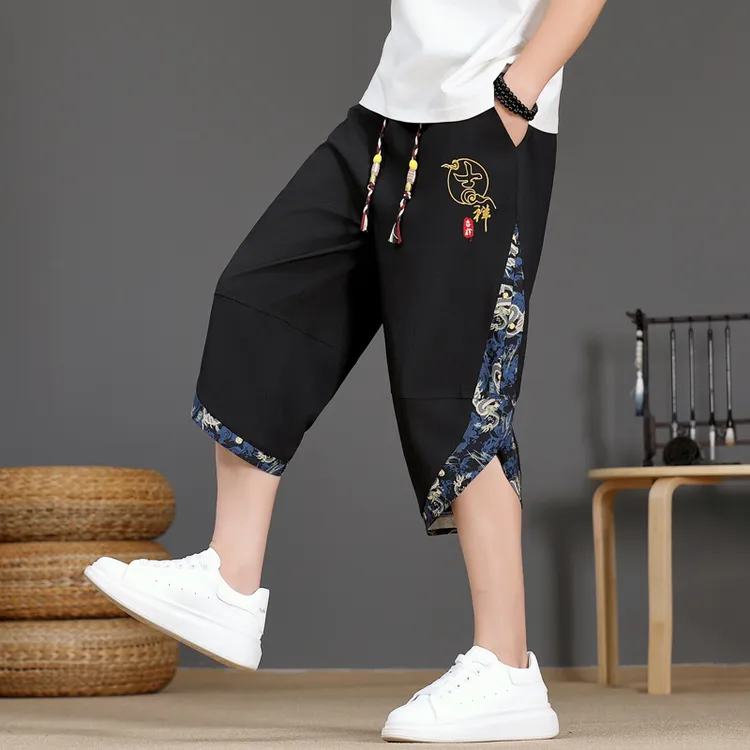 新中式国潮短裤男夏季凉感冰丝宽松潮流休闲透气运动速干七分裤潮