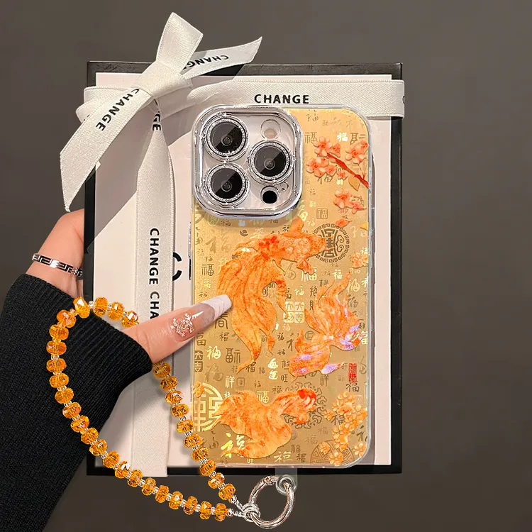 橙色金鱼百福图适用苹果于17PROMAX华为iPhone16/15/14手链手机壳