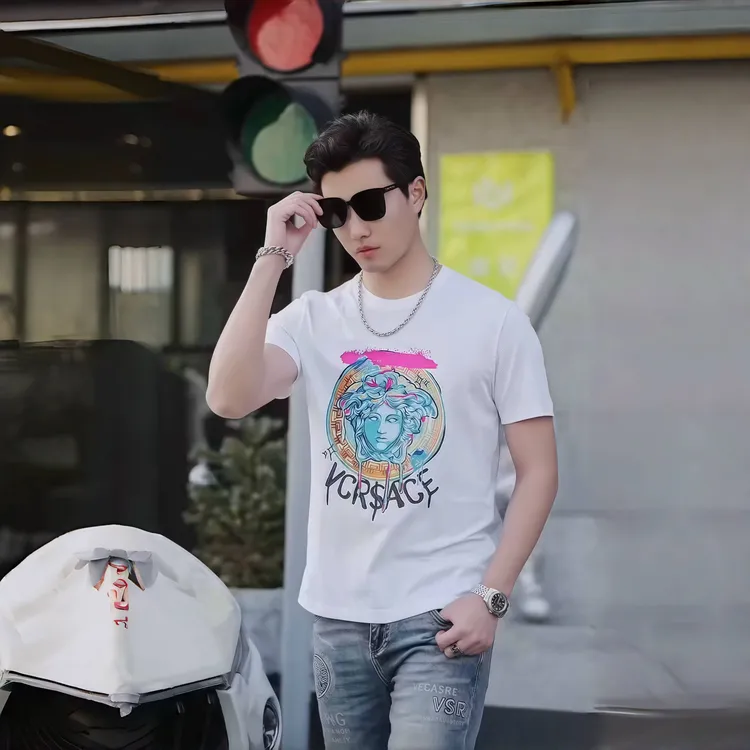 广州高端新款夏季男士潮牌休闲印花时尚百搭潮流修身弹性短袖T恤