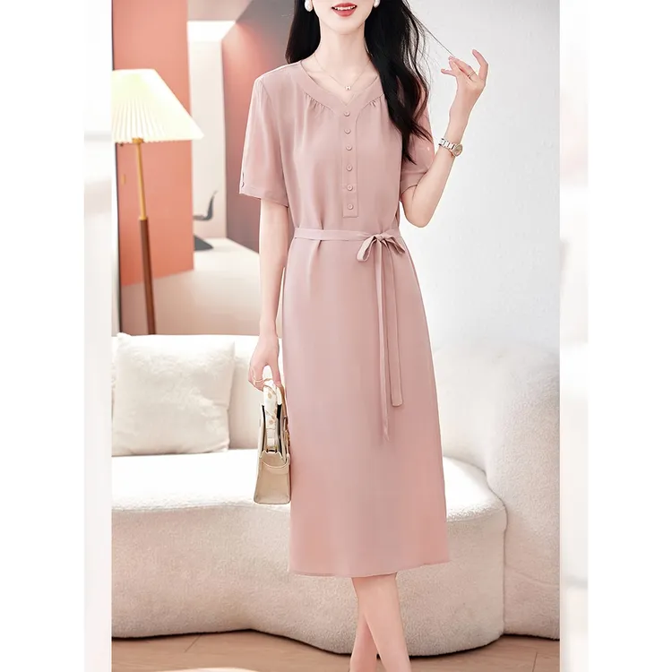 高端时尚双绉重磅真丝连衣裙女中长款2025夏季新款桑蚕丝短袖裙子