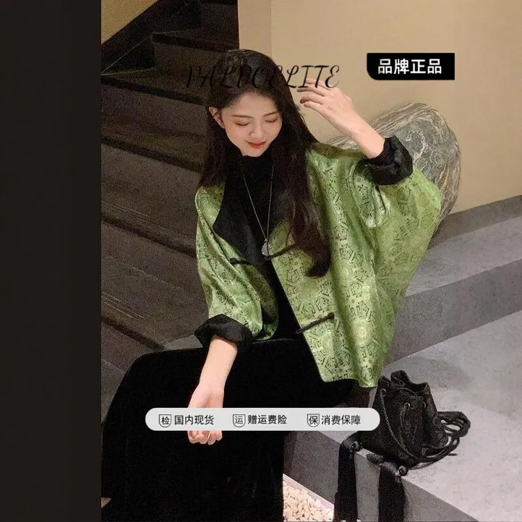 小众设计2025秋季新款新中式国风唐装绿色外套丝绒半身裙两件套装