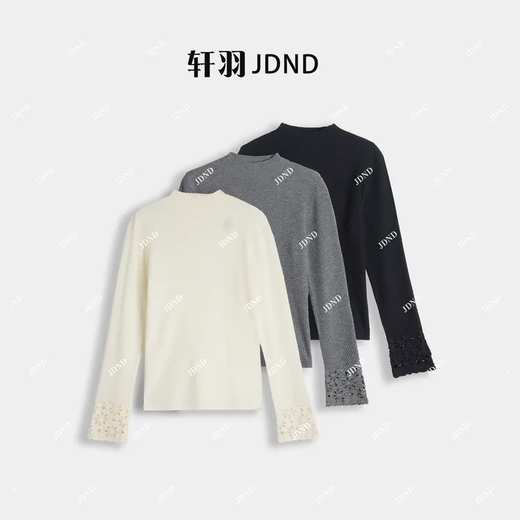 JDND轩羽【繁花】羊毛半高领袖口镂空减龄针织毛衣XY25667