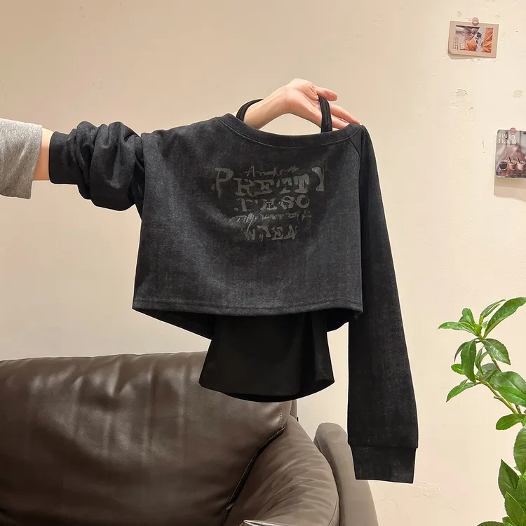 美式复古辣妹露肩长袖T恤女2025秋季新款设计感吊带内搭套装上衣