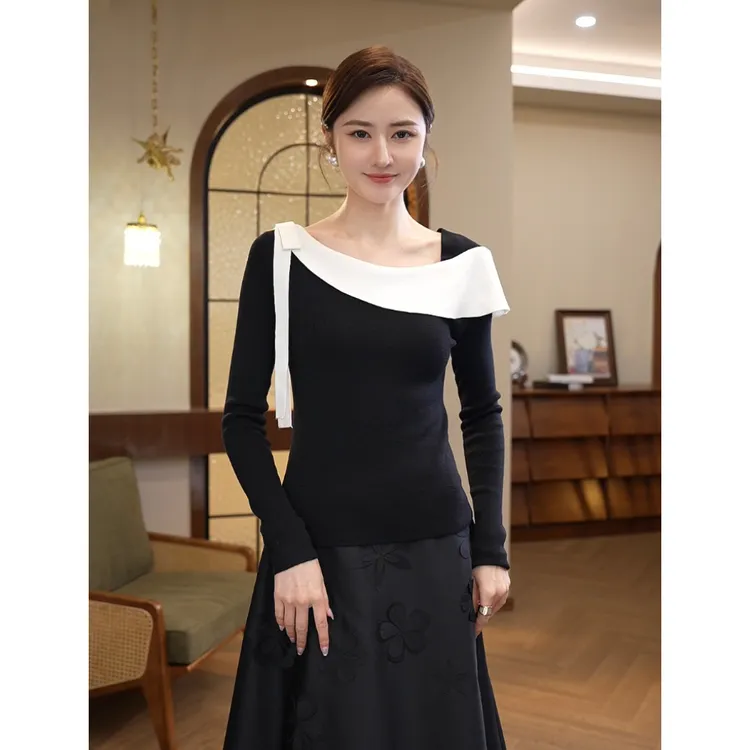 2026秋冬新款【8180】含绵羊毛洋气一字领设计黑色长袖针织衫毛衣