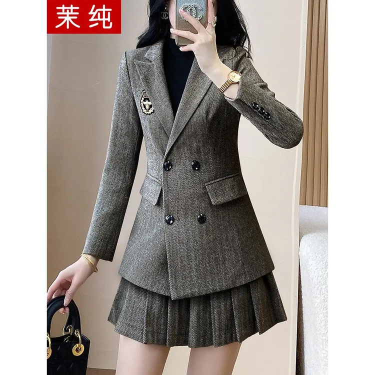 时尚洋气女灰色小西服百褶裙高级感韩系高级感穿搭职业工装洋气裙