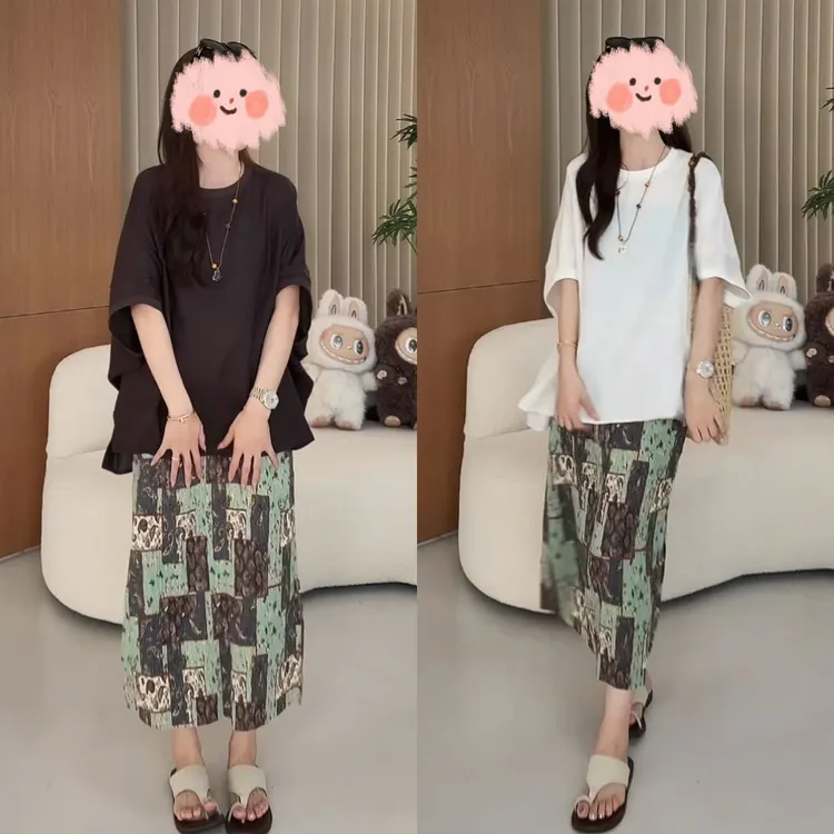 2025夏季欧货极简蝙蝠袖宽松遮肉显瘦上衣百搭开叉半身裙休闲套装