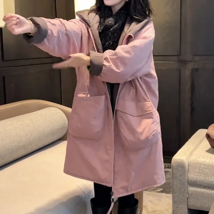 高级感双面穿连帽棉服女款冬季派克服休闲宽松中长款棉衣夹棉外套