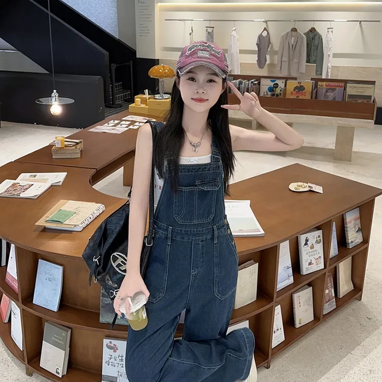 美式复古牛仔背带裤女春秋新款韩版宽松小个子减龄高腰直筒连体裤