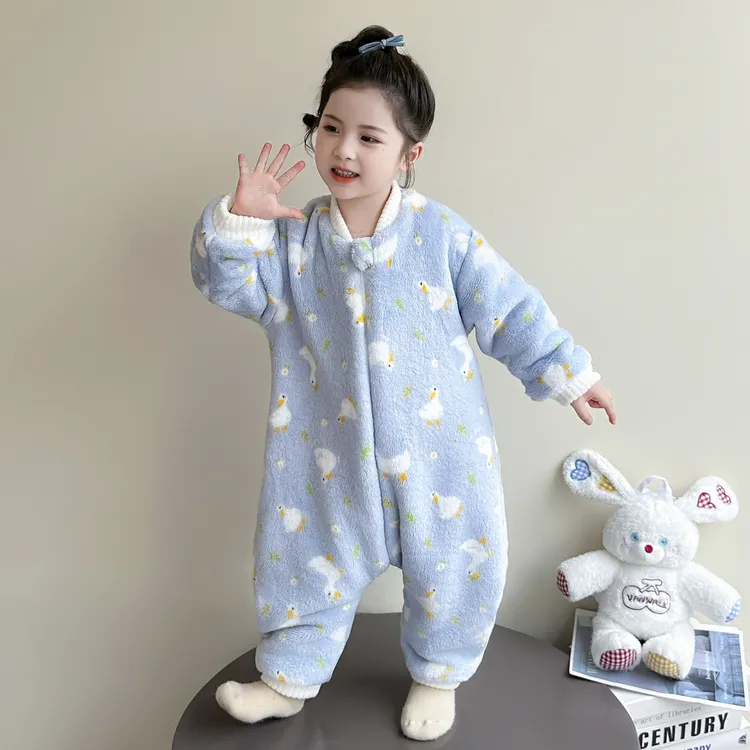 宝宝睡袋儿童珊瑚绒冬季加绒加厚女孩保暖爬服法兰绒女童连体睡衣