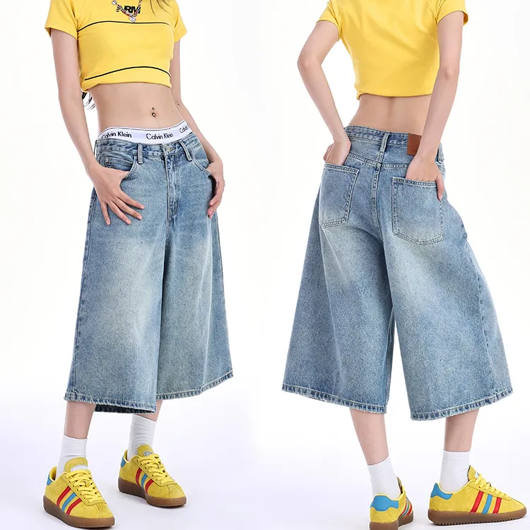 复古阔腿牛仔短裤女七分裤夏季爆款2025新款小个子显瘦直筒中裤子