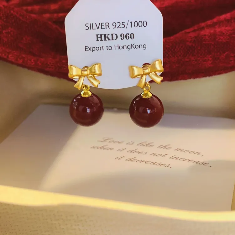 铜合金耳饰 925银针百搭气质金色蝴蝶结耳钉酒红色珠珠两戴耳坠女