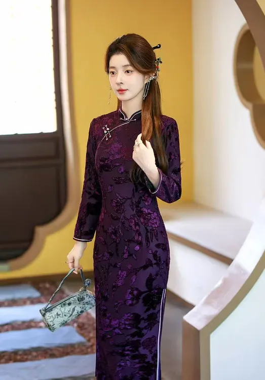 【金丝牡丹】中国风复古秋冬季弹力加绒旗袍网红显瘦高档气质A30