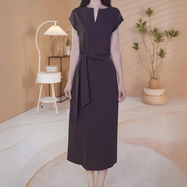 AXY1263#收腰绑带设计夏款时尚气质V领连衣裙