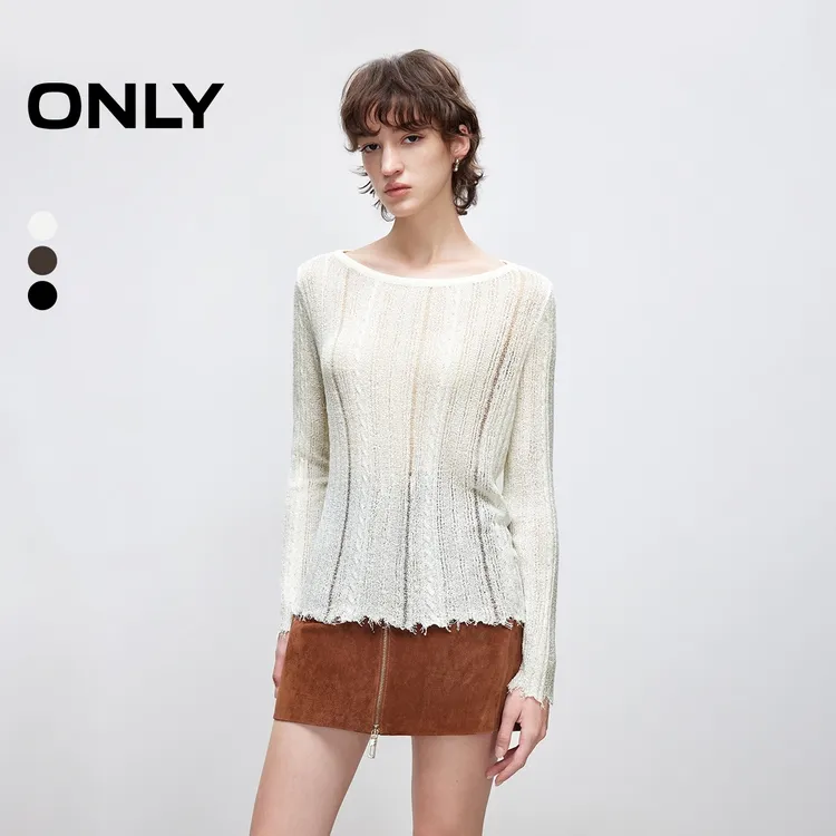 ONLY2025秋季新款松弛感毛边微透面料正肩长袖针织衫女|125324003