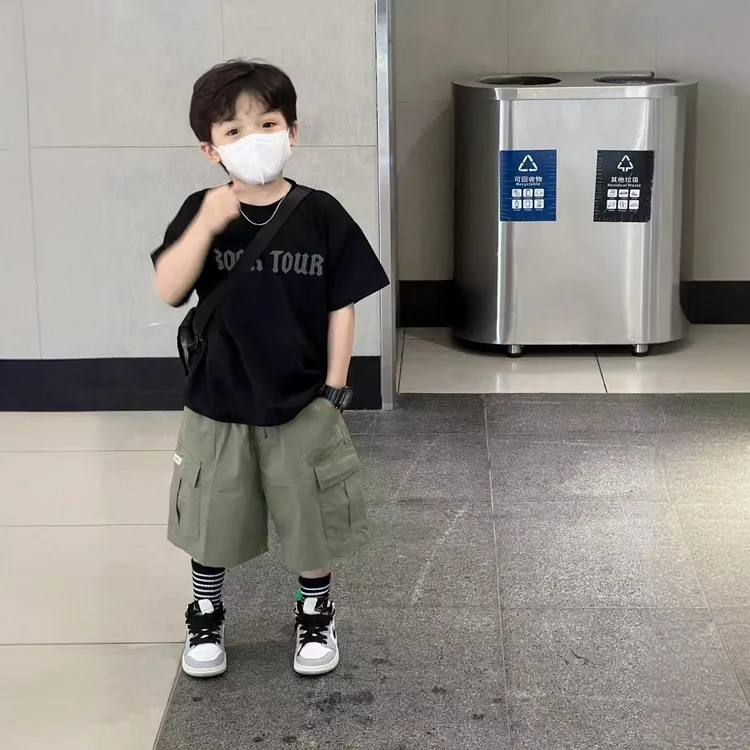 男童纯棉短袖工装中裤套装 中小童短袖短裤小清新两件套夏季
