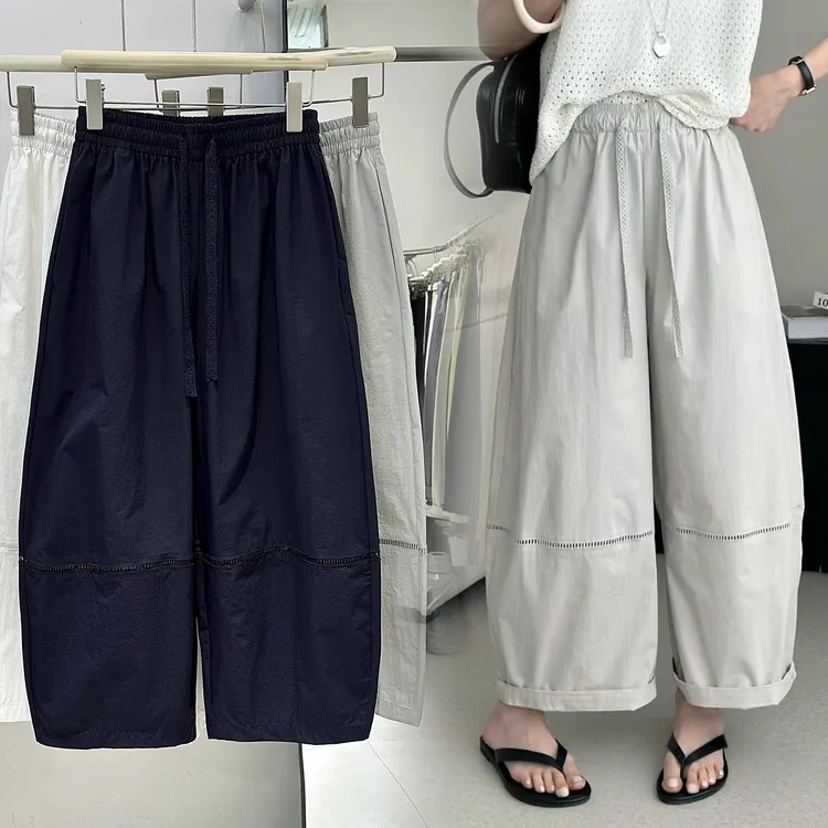 韩系2025夏薄款蕾丝花边镂空阔腿九分气球裤女加肥显瘦灯笼休闲裤