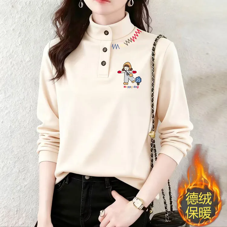 秋冬季新款POLO衫加厚德绒长袖打底衫宽松显瘦洋气百搭保暖打底衫