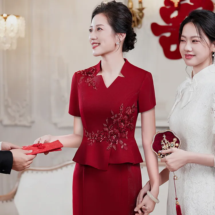 高端喜婆婆婚宴礼服小个子假两件大码喜妈妈敬酒服2025新款连衣裙