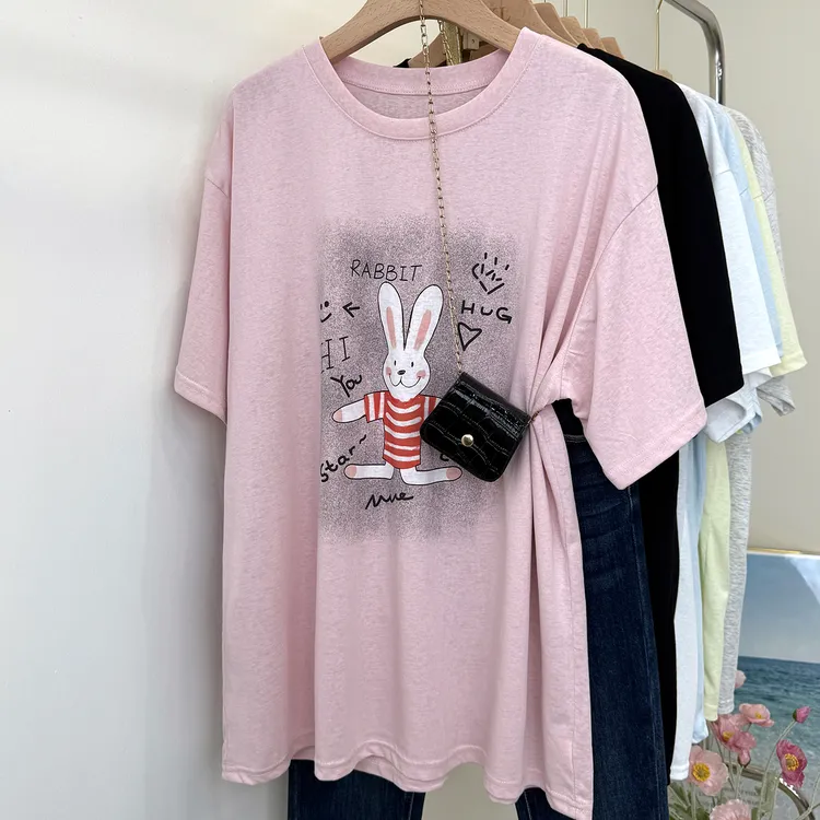 减龄卡通夏季半袖大版T恤女新款圆领时尚宽松遮臀中长款薄款上衣
