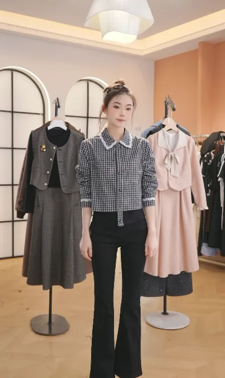 F格纹长袖衬衫秋季新款巨显瘦气质小衫