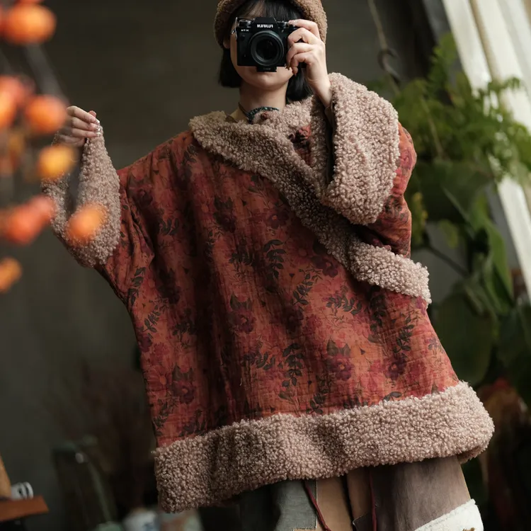 原创女装文艺复古羊卷毛宽松棉衣棉服女冬季高级感外套2231春如旧