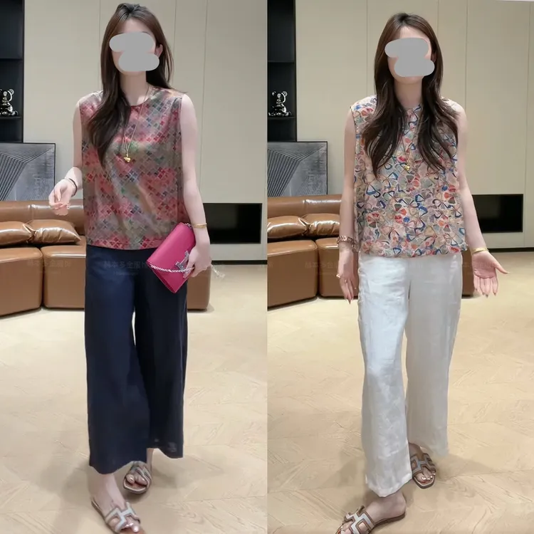 2025夏季时尚复古新中式提花无袖单排扣上衣显瘦轻薄阔腿裤套装女