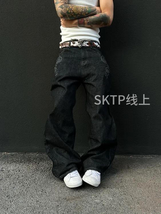 SKATEPARK“龙纹元年”水洗复古原牛baggy做旧拉链冈山直筒牛仔裤