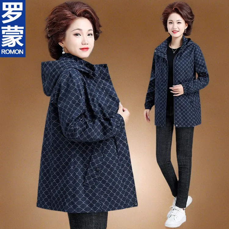 罗蒙妈妈秋装外套洋气宽松上衣新款中老年人女春秋薄风衣中长款