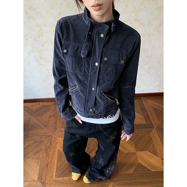 美式高街痞帅做旧工装外套女秋季新款修身短款百搭显瘦休闲上衣潮