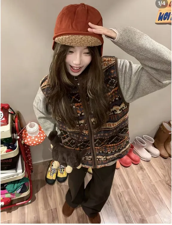 费尔岛风复古花纹】加厚摇粒绒保暖拉链立领马甲外套可内搭马夹