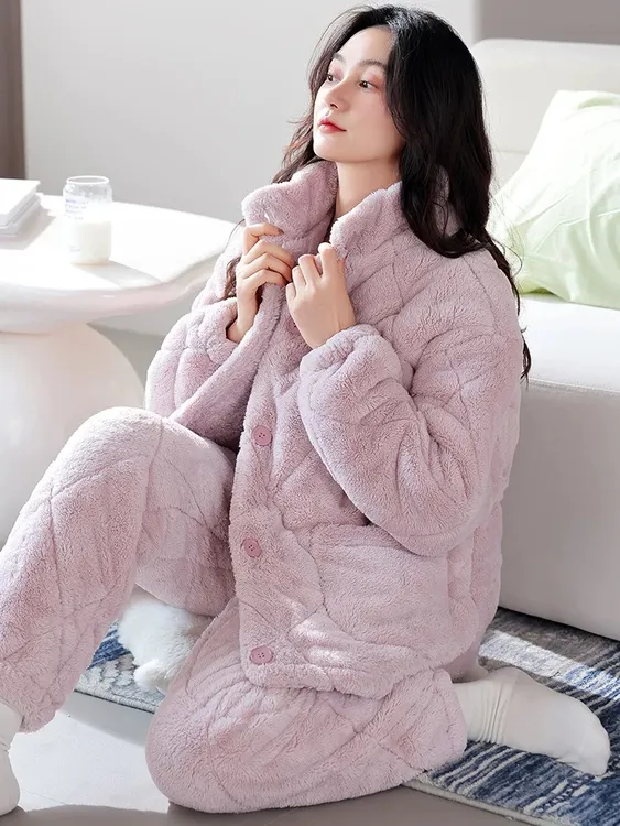 睡衣女士冬季三层夹棉加厚加绒棉袄冬款抗寒珊瑚绒家居服一秒入冬