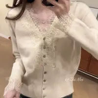 2025新款高级感蕾丝拼接针织开衫V领百搭显瘦毛衣内搭针织上衣女