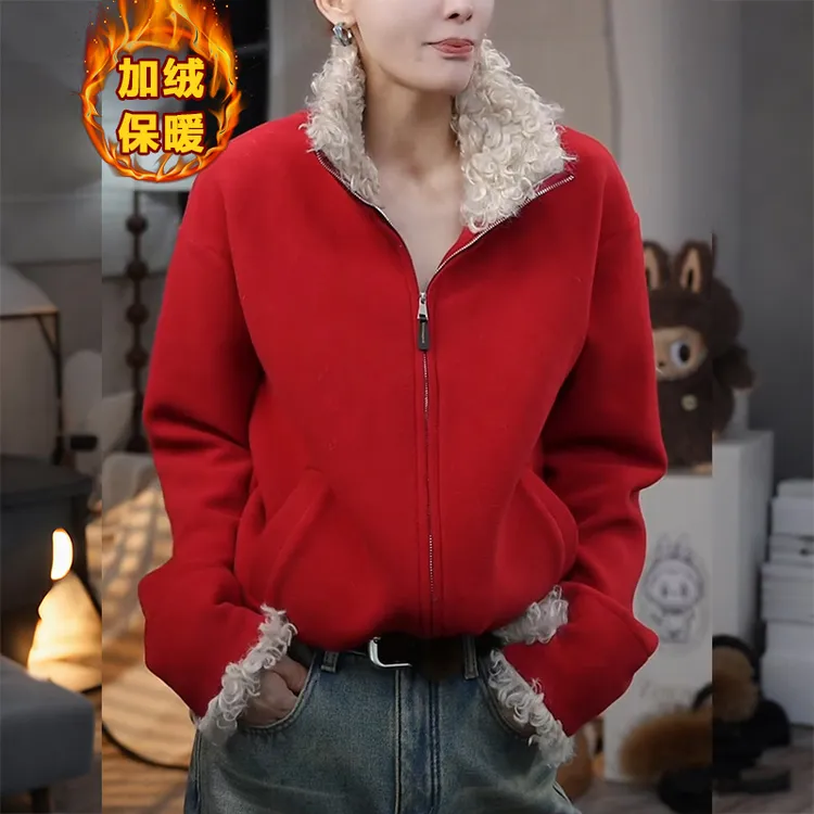 独特超好看翻领加绒卫衣女秋冬季新款复古卷毛双拉链开衫外套1792